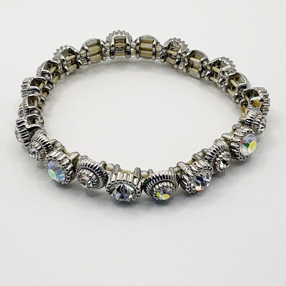 Vintage Aurora AB Rhinestone Circle Stretch Bracelet Bangle Silver Tone